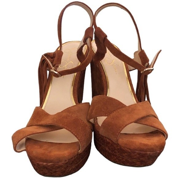 Jessica Simpson Suede Platform Wedge Sandals Tassel Ankle Strap Heels size 10 - Picture 7 of 12
